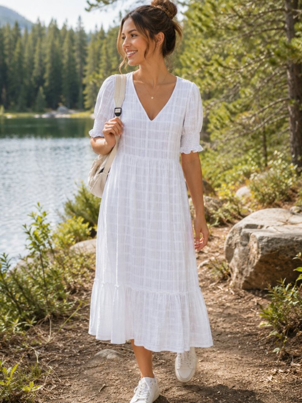 Rhythm Chloe Womens White Cotton Tiered Midi Dress XS Puff Short Sleeves v neck